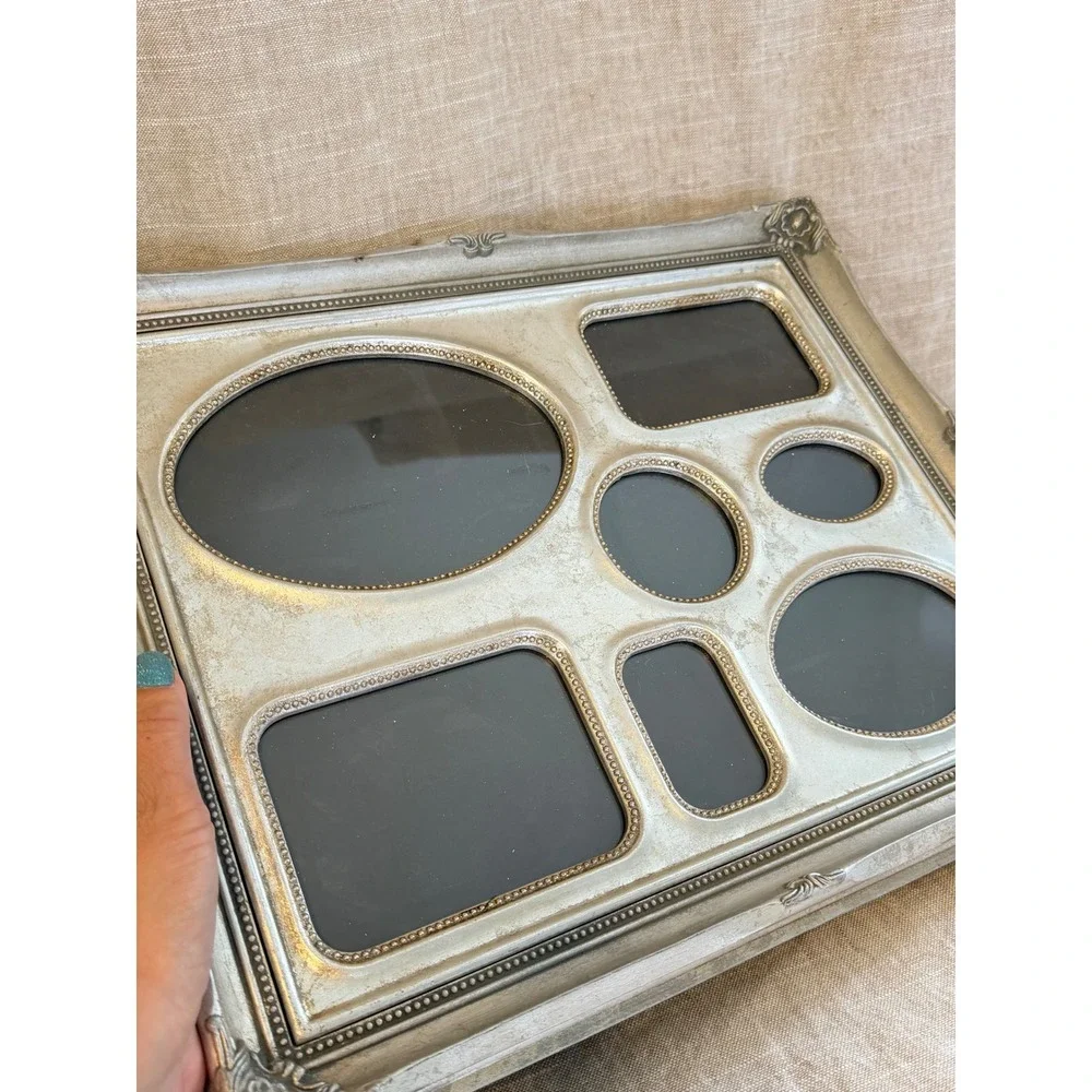Vintage Silver 7 Opening Collage Picture Frame, Ornate Tabletop Frame